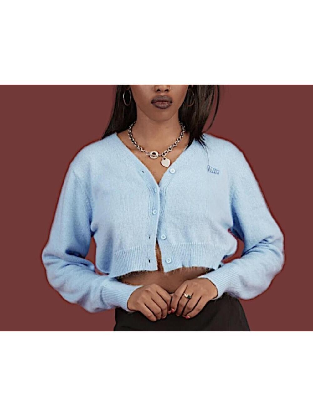 UNIF Liv Cropped Button Up Cardigan Sweater, Light Blue, Women's Medium